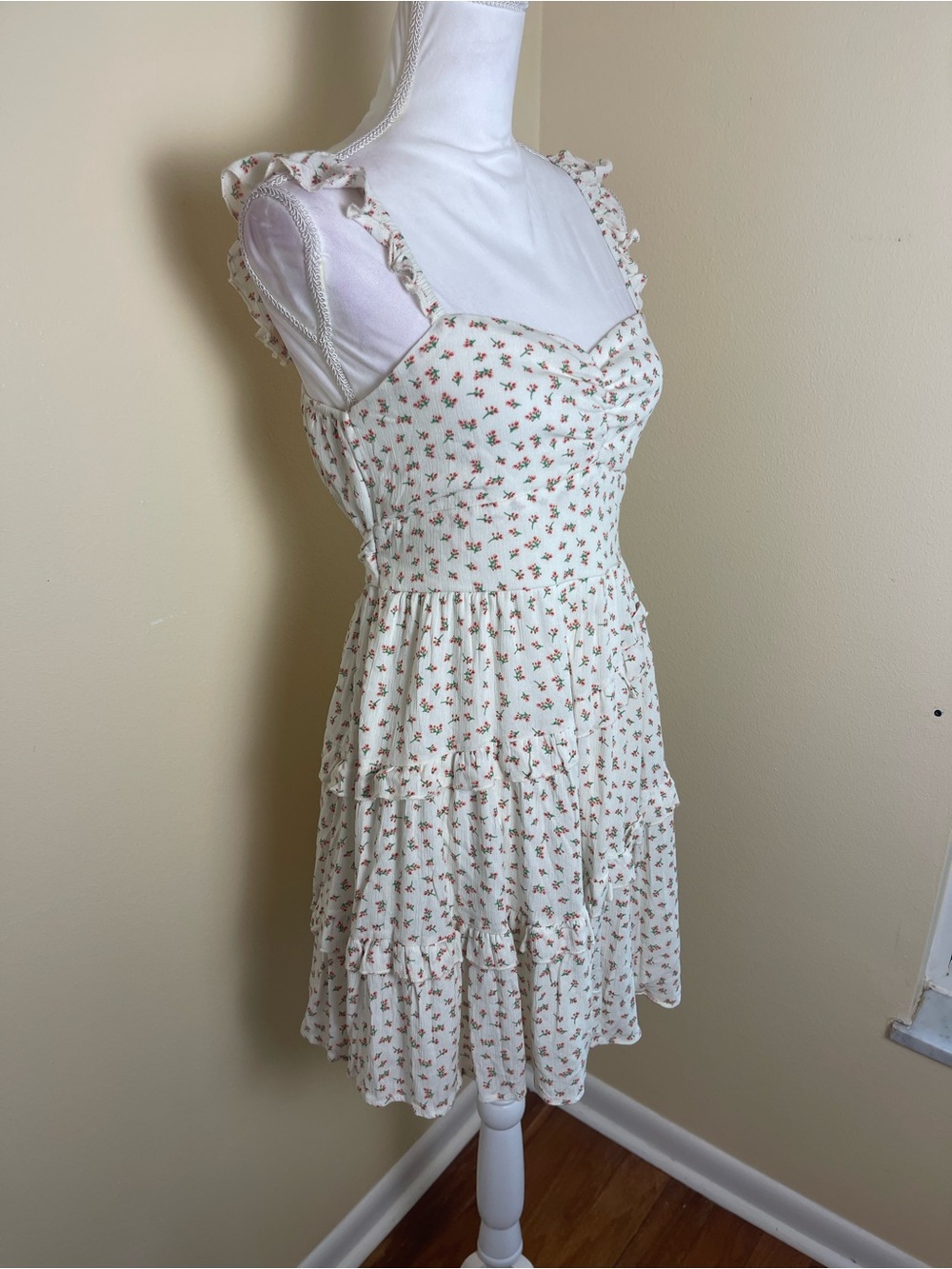 Coquette Floral Ruffle Mini Dress Tiered Cottagecore Tie Back Cutout Sundress M - Picture 7 of 16